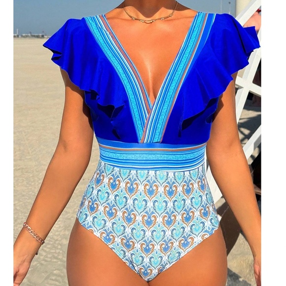 Boho Patchwork Plunging Neck Ruffle Monokini One Piece Swimsuit - Picture 9 of 10